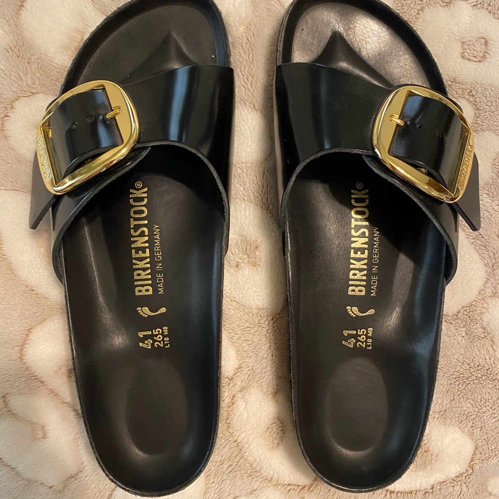 Birkenstock Black Slide Sandals with Gold Buckle